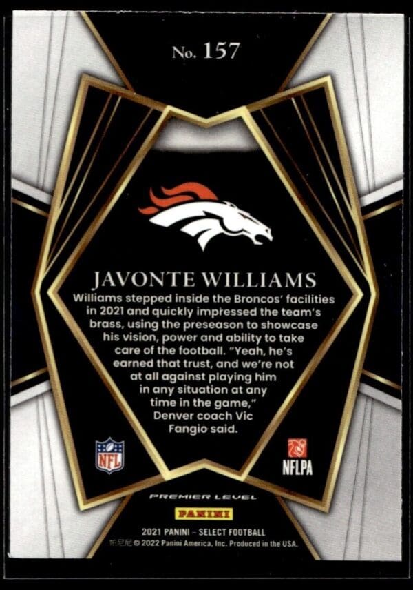 2021 Panini Select Denver Broncos #157 Javonte Williams