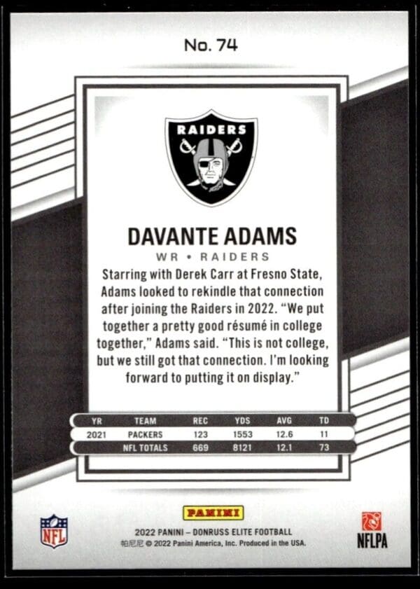 2022 Donruss Elite Las Vegas Raiders #74 Davante Adams