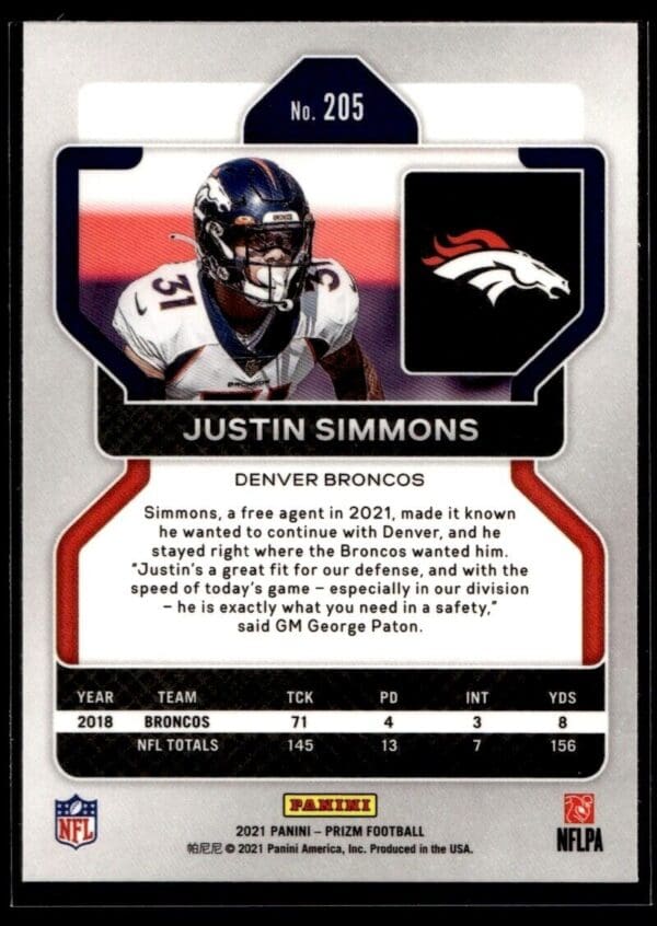 _10 2021 Panini Prizm Denver Broncos #205 Justin Simmons