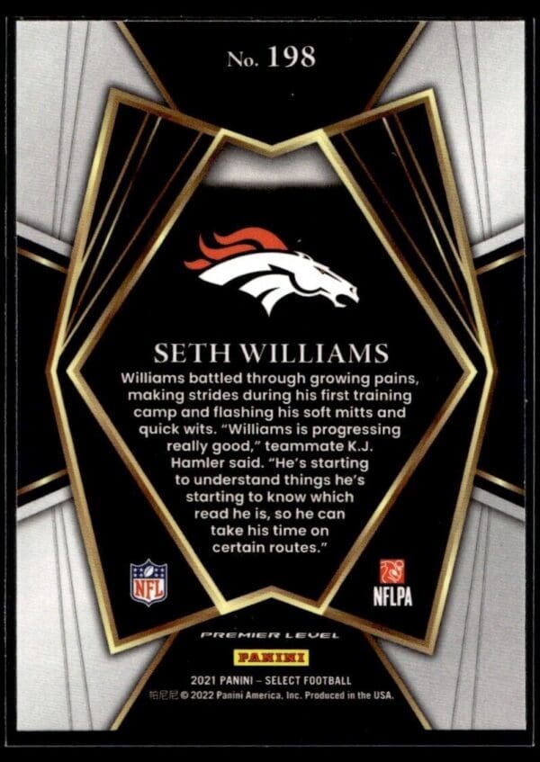 _10 2021 Panini Select Denver Broncos #198 Seth Williams RC Rookie