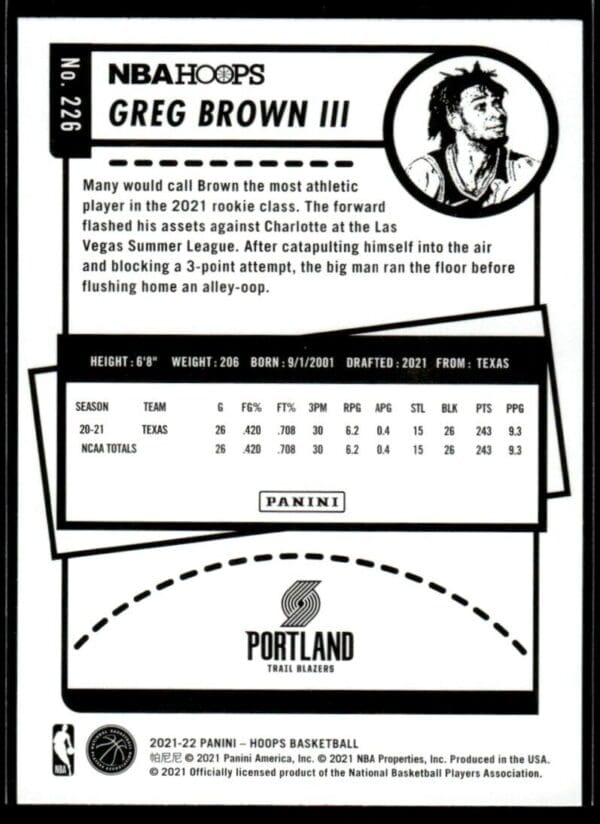 2021 NBA Hoops Portland Trail Blazers #226 Greg Brown III RC Rookie