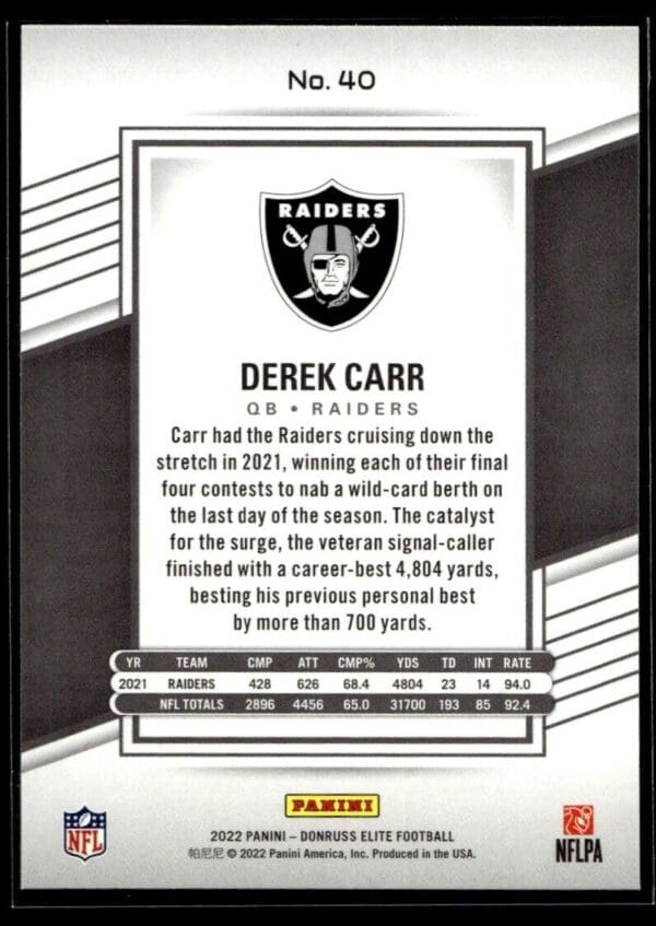 2022 Donruss Elite Las Vegas Raiders #40 Derek Carr