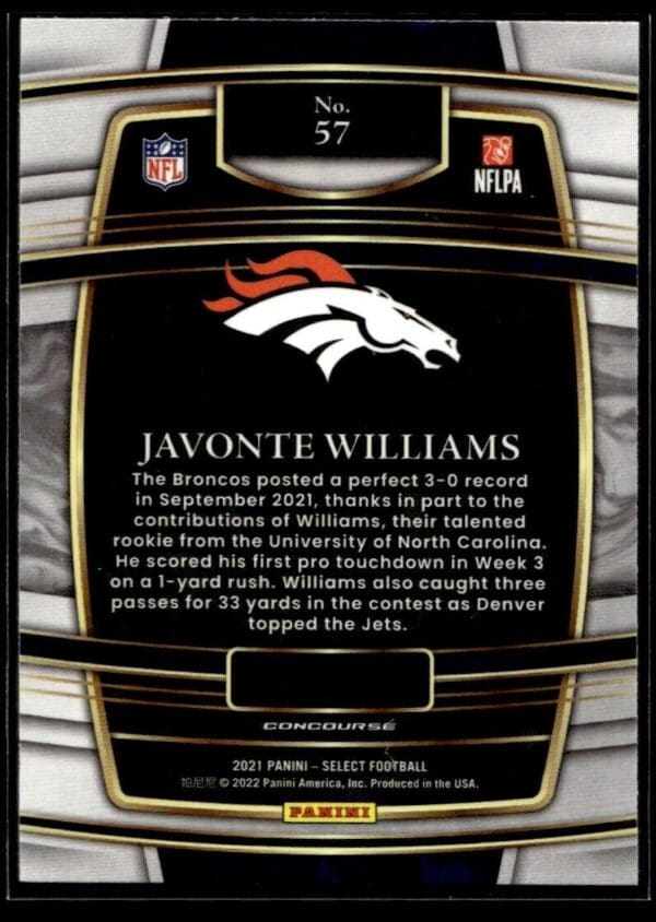 _10 2021 Panini Select Denver Broncos #57 Javonte Williams RC Rookie