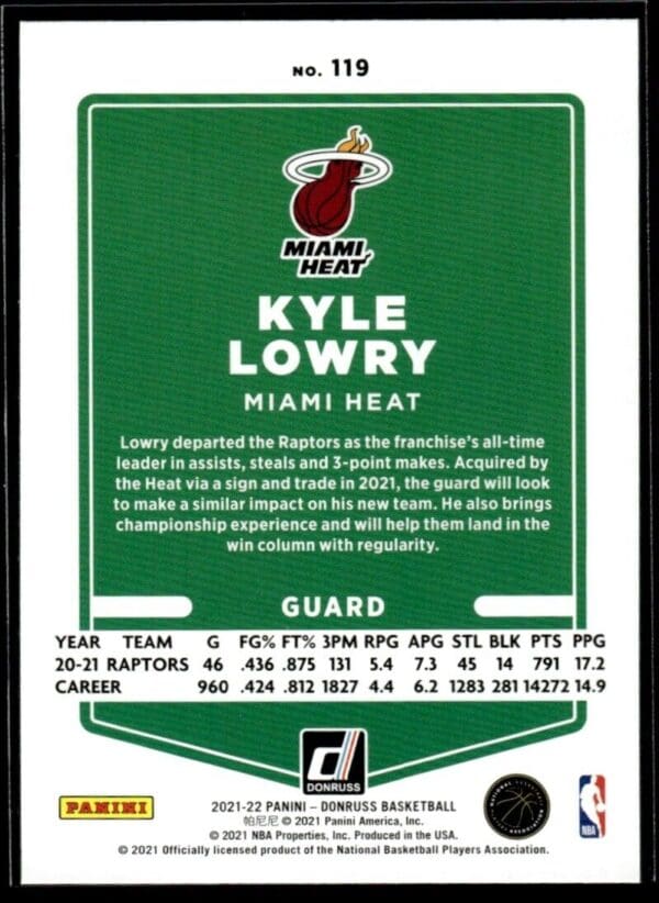 2021 Donruss Miami Heat #119 Kyle Lowry