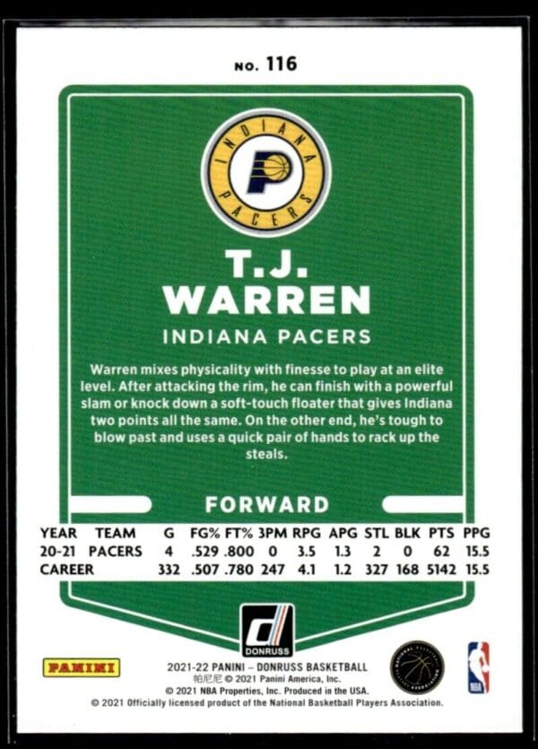 _10 2021 Donruss Indiana Pacers #116 T.J. Warren