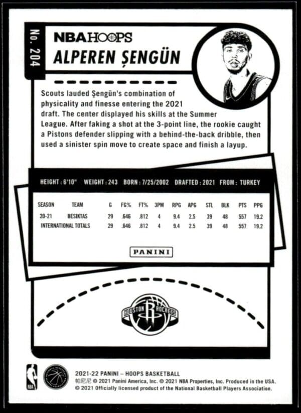_10 2021 NBA Hoops Houston Rockets #204 Alperen Sengun RC Rookie