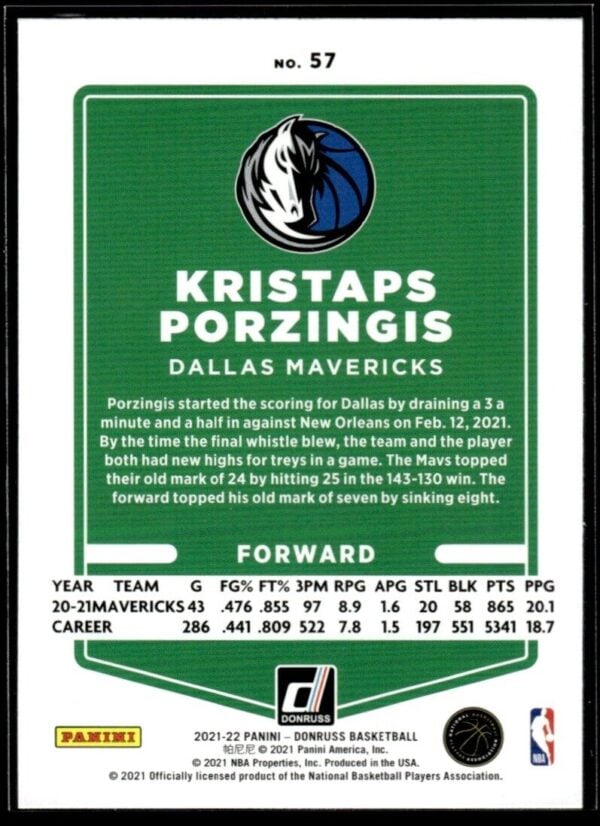 _10 2021 Donruss Dallas Mavericks #57 Kristaps Porzingis