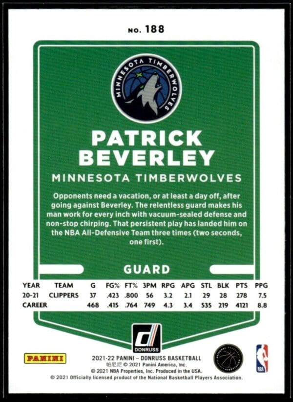 2021 Donruss Minnesota Timberwolves #188 Patrick Beverley