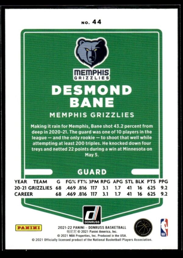 _10 2021 Donruss Memphis Grizzlies #44 Desmond Bane