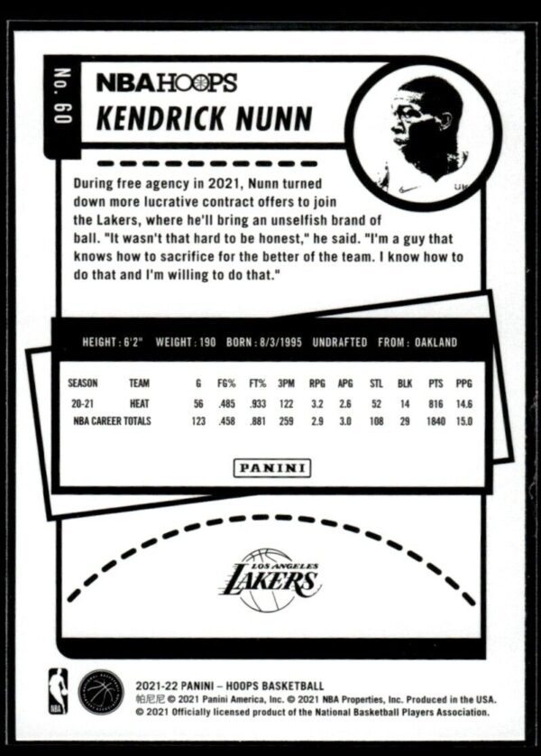 _10 2021 NBA Hoops Los Angeles Lakers #60 Kendrick Nunn