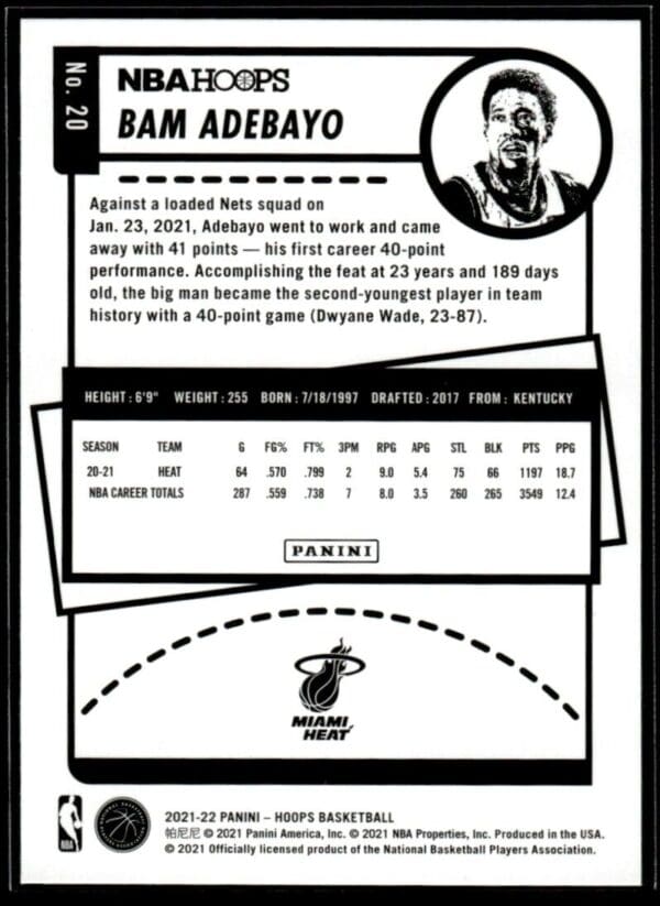 _10 2021 NBA Hoops Miami Heat #20 Bam Adebayo