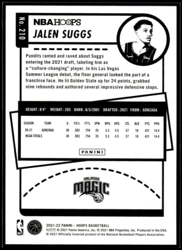 2021 NBA Hoops Orlando Magic #210 Jalen Suggs RC Rookie