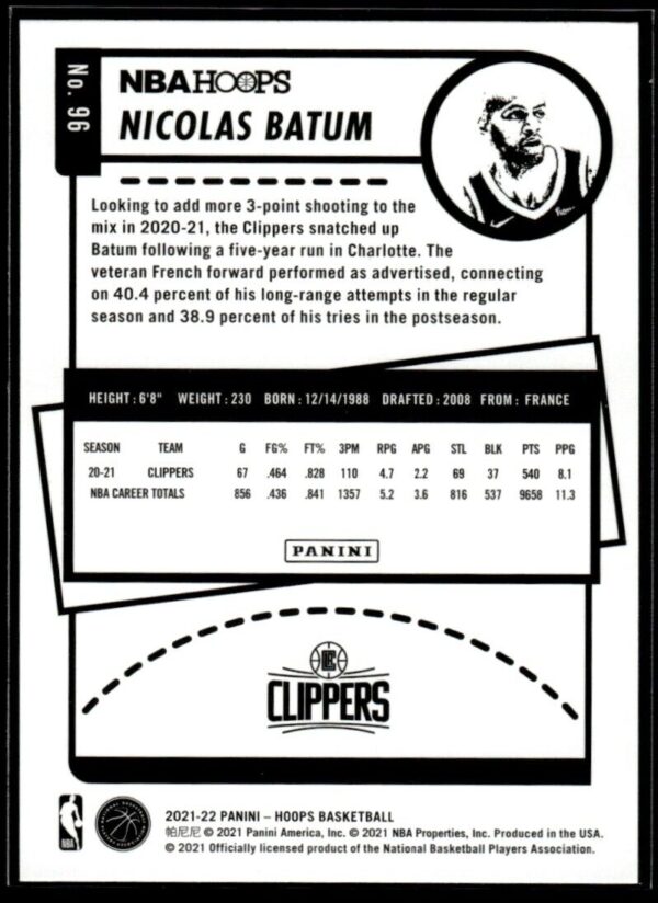 _10 2021 NBA Hoops Los Angeles Clippers #96 Nicolas Batum