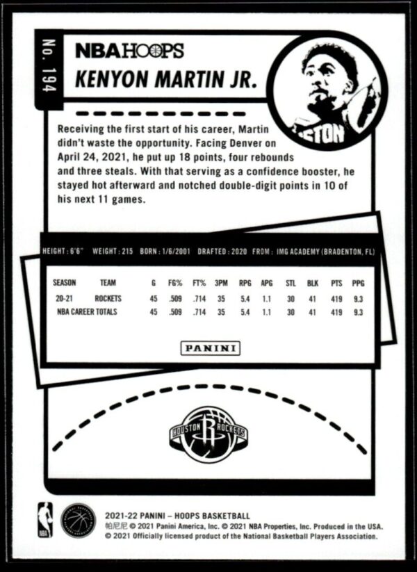 2021 NBA Hoops Houston Rockets #194 Kenyon Martin Jr. RC Rookie