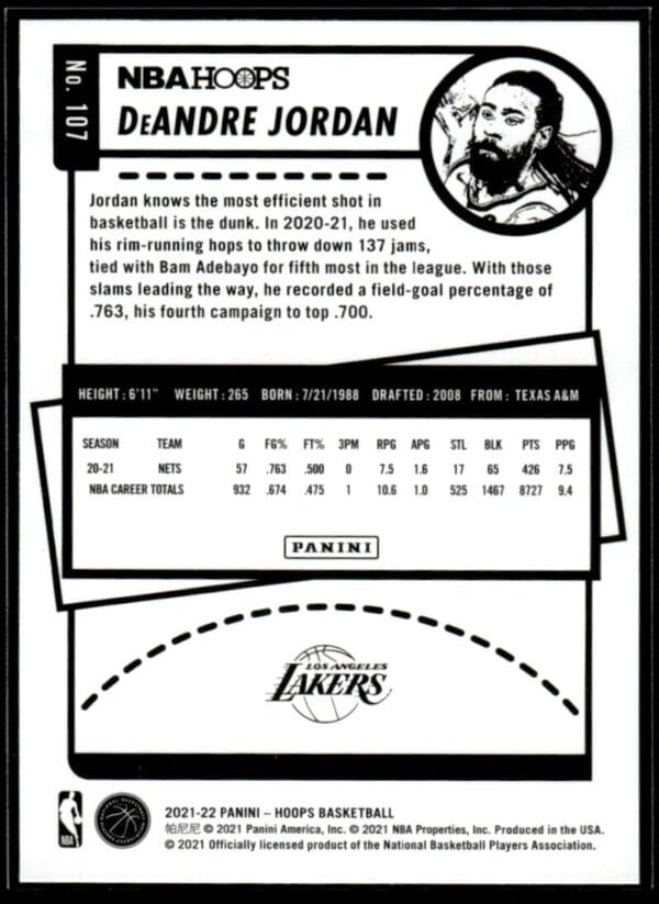 2021 NBA Hoops Los Angeles Lakers #107 DeAndre Jordan