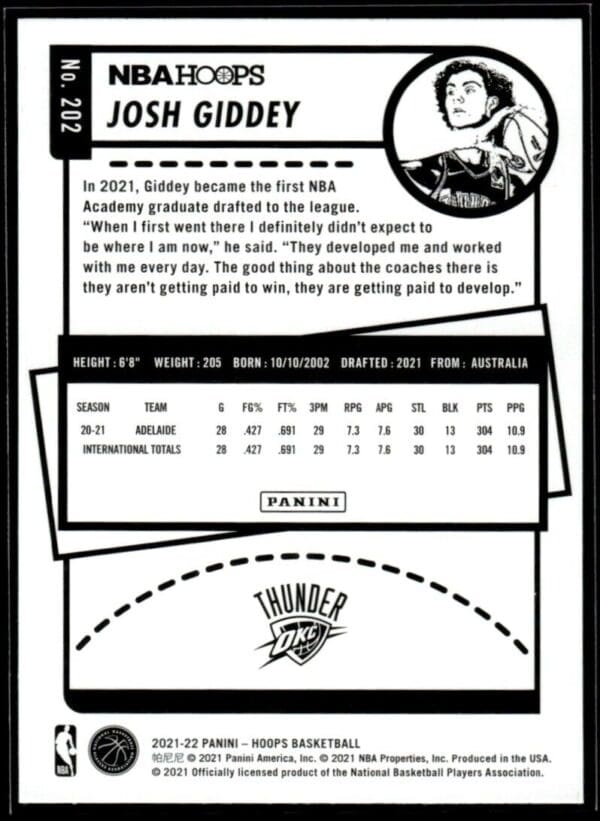_10 2021 NBA Hoops Oklahoma City Thunder #202 Josh Giddey RC Rookie