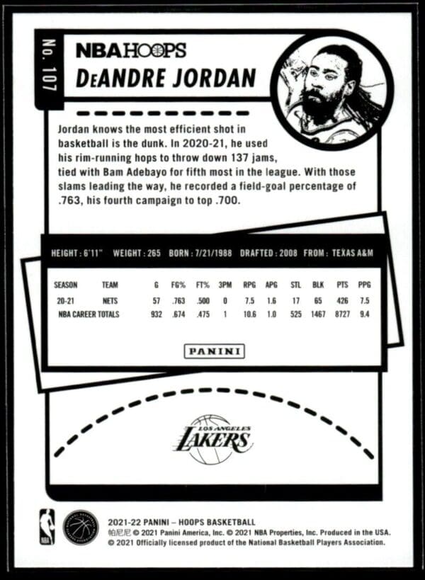 2021 NBA Hoops Los Angeles Lakers #107 DeAndre Jordan