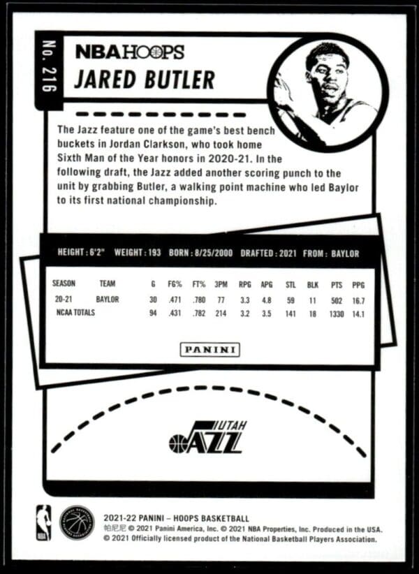 _10 2021 NBA Hoops Utah Jazz #216 Jared Butler RC Rookie