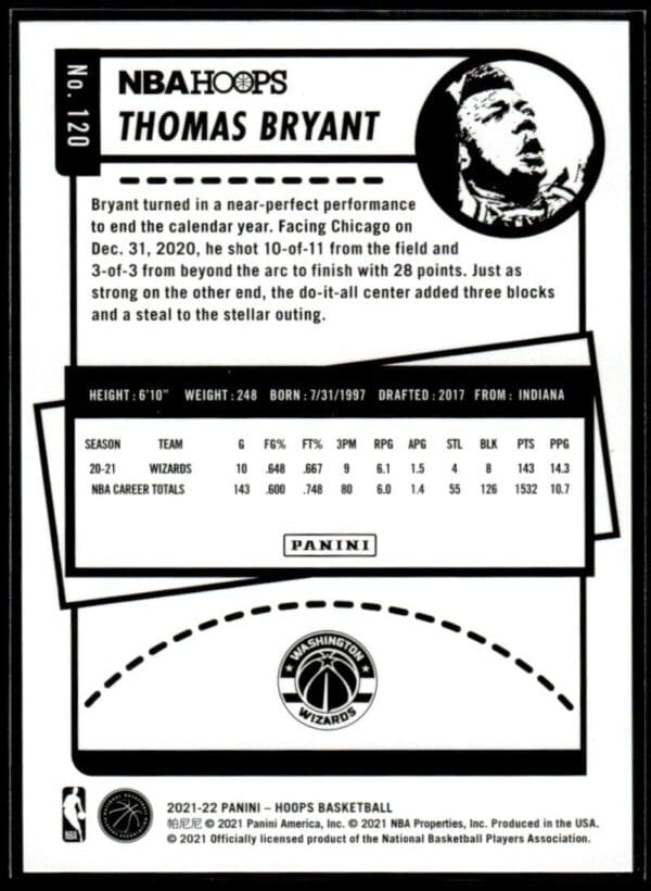 _10 2021 NBA Hoops Washington Wizards #120 Thomas Bryant