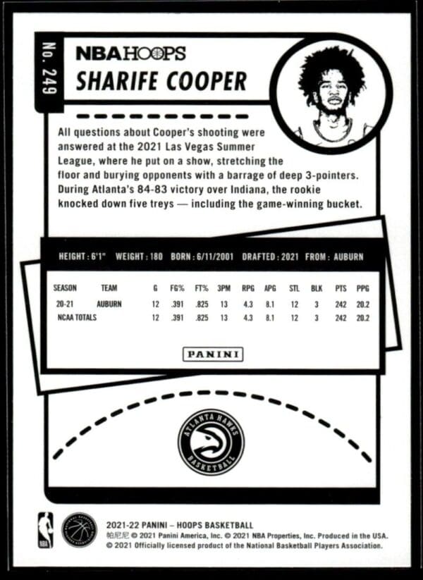 2021 NBA Hoops Atlanta Hawks #249 Sharife Cooper RC Rookie