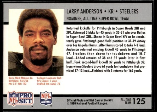 1990 Pro Set Super Bowl 160 Pittsburgh Steelers #125 Larry Anderson