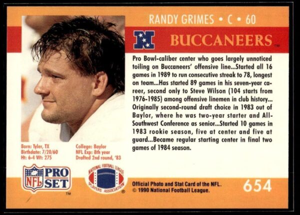 _10 1990 Pro Set Super Bowl 160 Tampa Bay Buccaneers #654 Randy Grimes