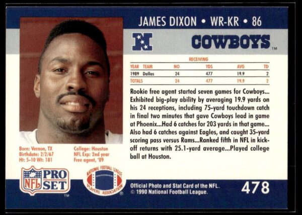 1990 Pro Set Super Bowl 160 Dallas Cowboys #478 James Dixon
