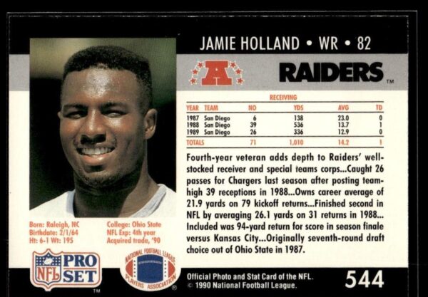 1990 Pro Set Super Bowl 160 Los Angeles Raiders #544 Jamie Holland