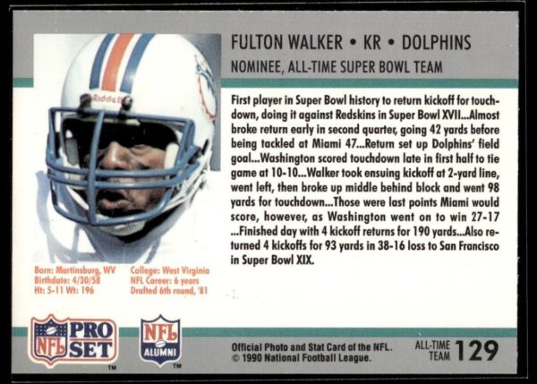 _10 1990 Pro Set Super Bowl 160 Miami Dolphins #129 Fulton Walker
