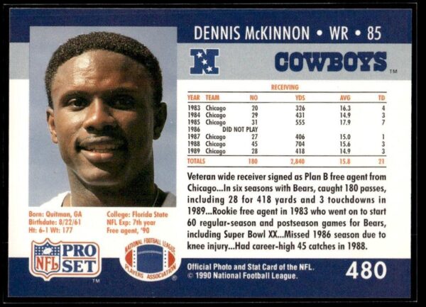 1990 Pro Set Super Bowl 160 Dallas Cowboys #480 Dennis McKinnon