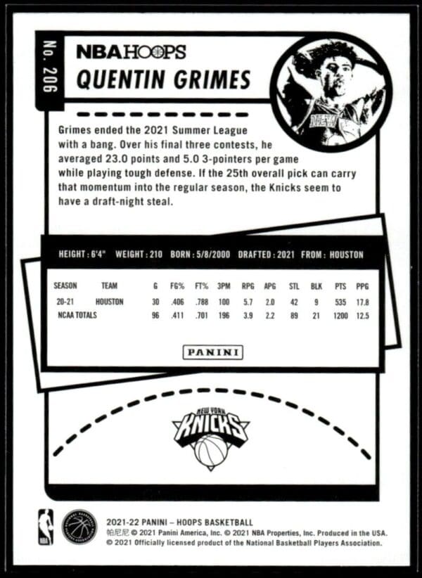 2021 NBA Hoops New York Knicks #206 Quentin Grimes RC Rookie