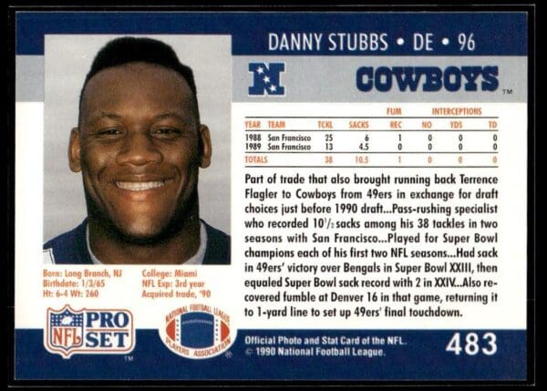 1990 Pro Set Super Bowl 160 Dallas Cowboys #483 Danny Stubbs