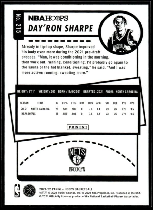 2021 NBA Hoops Brooklyn Nets #215 Day'Ron Sharpe RC Rookie