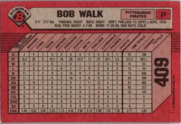 _10 1989 Bowman Pittsburgh Pirates #409 Bob Walk