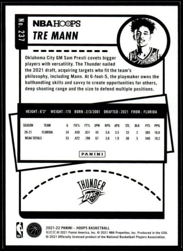 _10 2021 NBA Hoops Oklahoma City Thunder #237 Tre Mann RC Rookie Purple