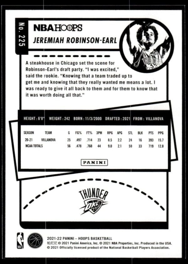 2021 NBA Hoops Oklahoma City Thunder #225 Jeremiah Robinson-Earl RC Rookie