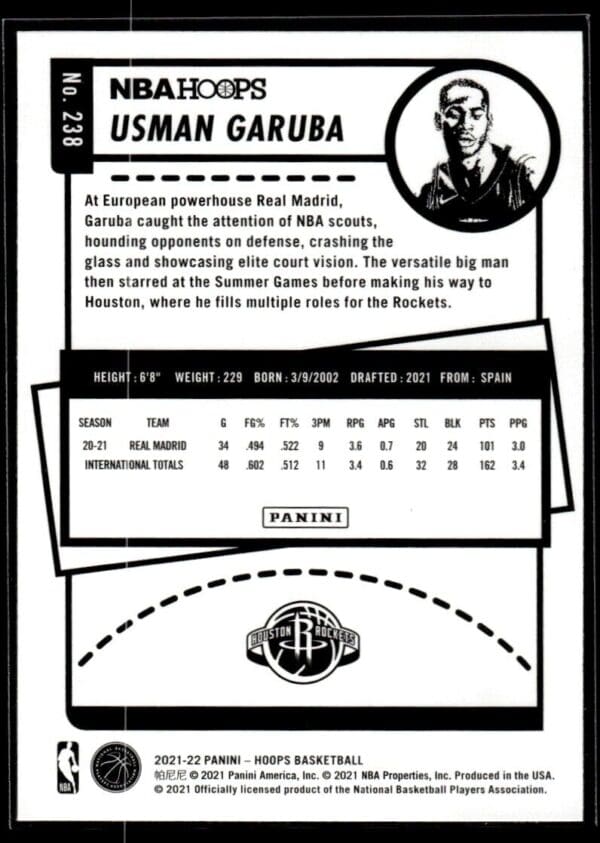 2021 NBA Hoops Houston Rockets #238 Usman Garuba RC Rookie