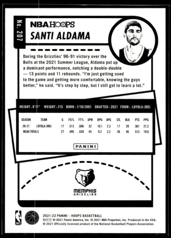 _10 2021 NBA Hoops Memphis Grizzlies #207 Santi Aldama RC Rookie