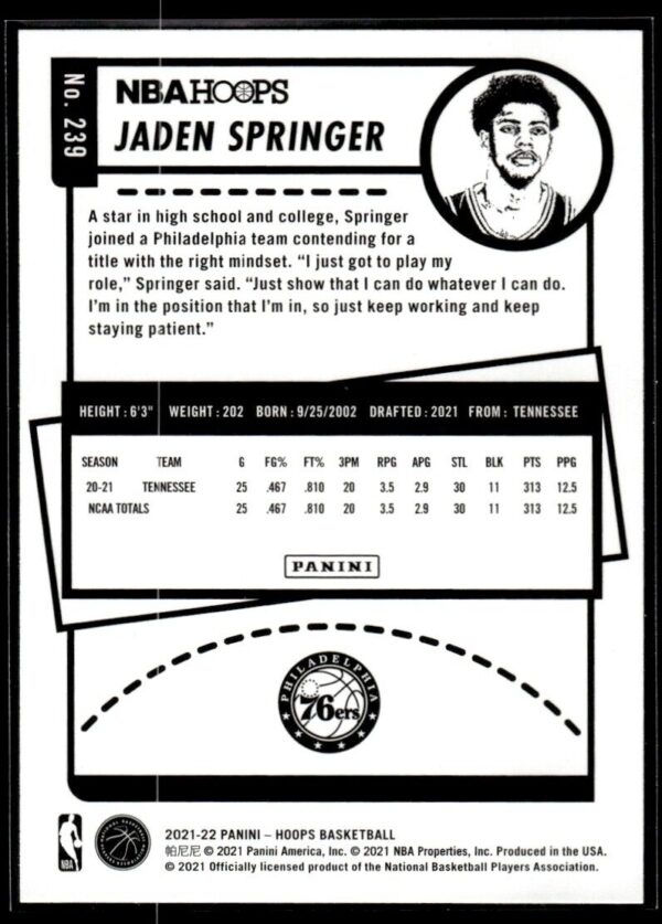 2021 NBA Hoops Philadelphia 76ers #239 Jaden Springer RC Rookie