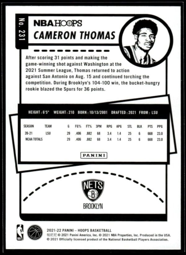 2021 NBA Hoops Brooklyn Nets #231 Cameron Thomas RC Rookie