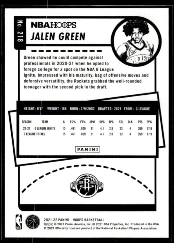 _10 2021 NBA Hoops Houston Rockets #218 Jalen Green RC Rookie