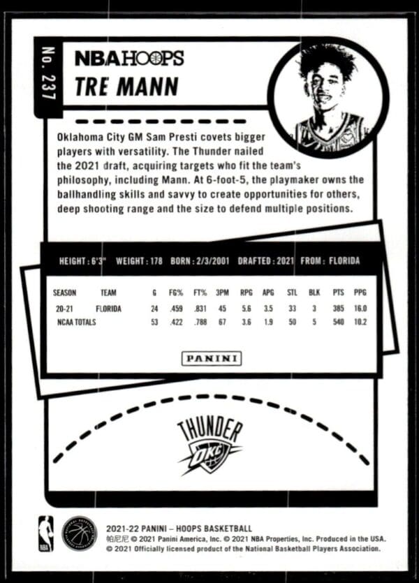 2021 NBA Hoops Oklahoma City Thunder #237 Tre Mann RC Rookie