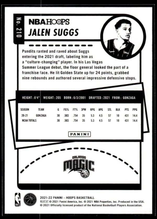 2021 NBA Hoops Orlando Magic #210 Jalen Suggs RC Rookie