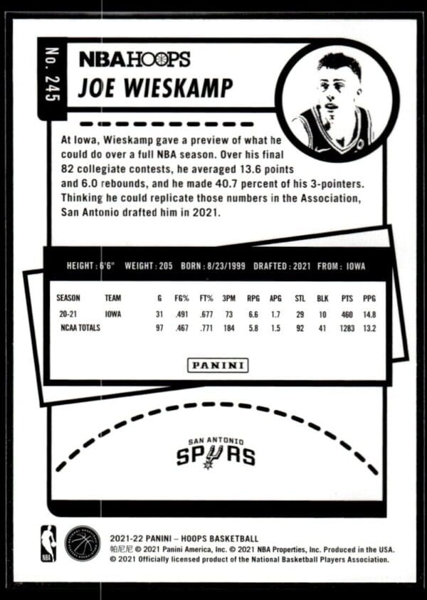 _10 2021 NBA Hoops San Antonio Spurs #245 Joe Wieskamp RC Rookie