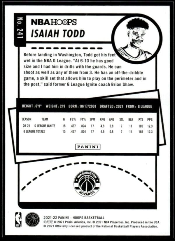 _10 2021 NBA Hoops Washington Wizards #241 Isaiah Todd RC Rookie