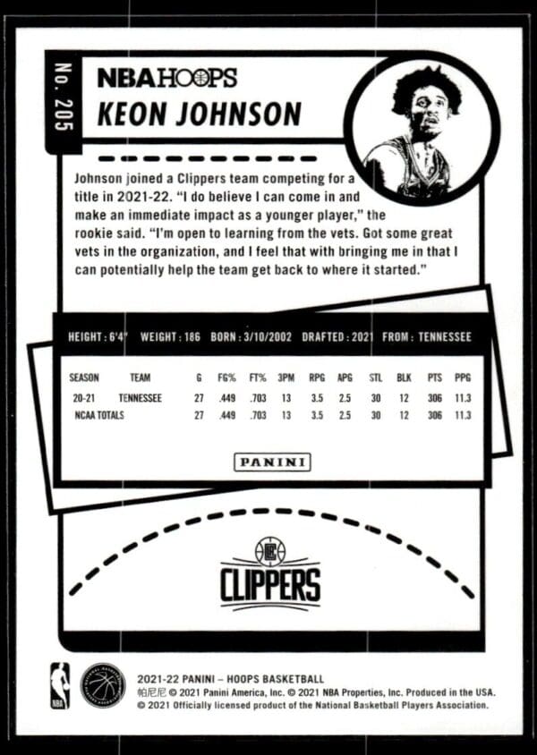 2021 NBA Hoops Los Angeles Clippers #205 Keon Johnson RC Rookie