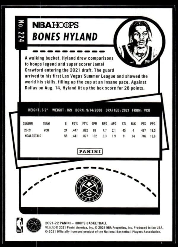 _10 2021 NBA Hoops Denver Nuggets #224 Bones Hyland RC Rookie