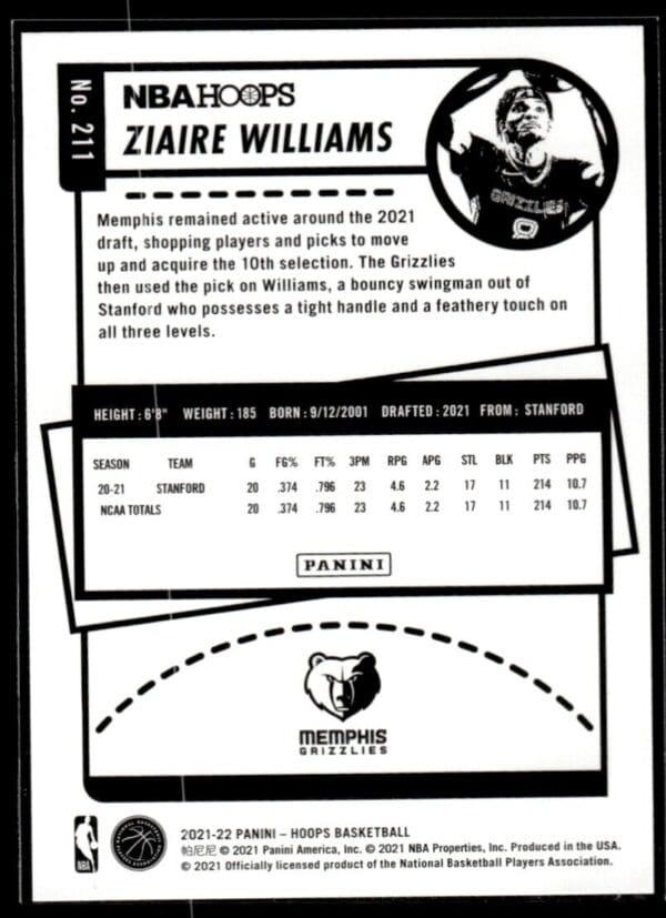 _10 2021 NBA Hoops Memphis Grizzlies #211 Ziaire Williams RC Rookie