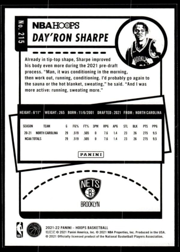 2021 NBA Hoops Brooklyn Nets #215 Day'Ron Sharpe RC Rookie