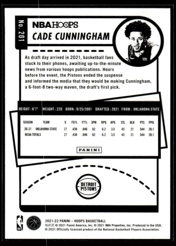 2021 NBA Hoops Detroit Pistons #201 Cade Cunningham RC Rookie